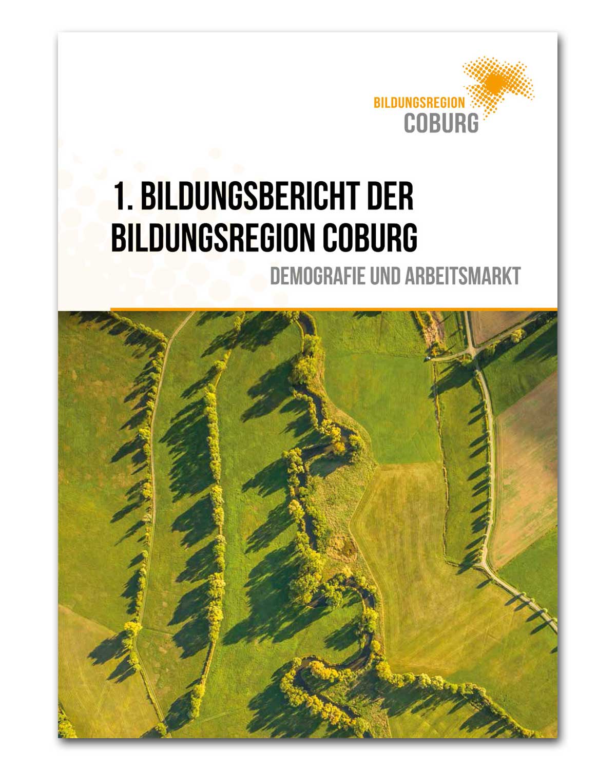 1. Bildungsbericht der Bildungsregion Coburg mit dem Untertitel "Demografie und Arbeitsmarkt". Das Deckblatt zeigt eine Landschaft mit Bäumen und grünen Wiesen, die aus der Vogelperpektive zu sehen sind.